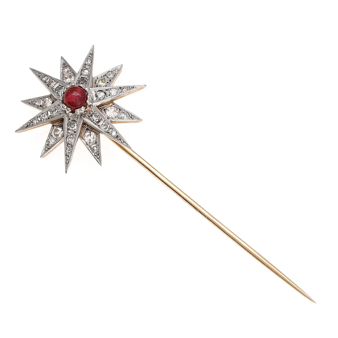 Star-shaped ruby and diamonds tie pin, mid 20th Century. — Brooches & Pendants — Balclis