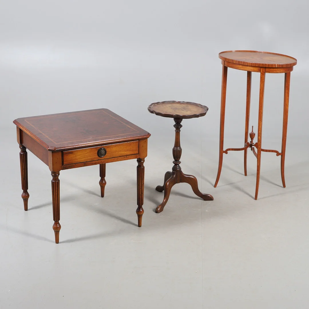 AN EDWARDIAN OVAL SATINWOOD AND INLAID OCCASIONAL TABLE, AND TWO OTHERS. — Tables — Lawrences Auctioneers
