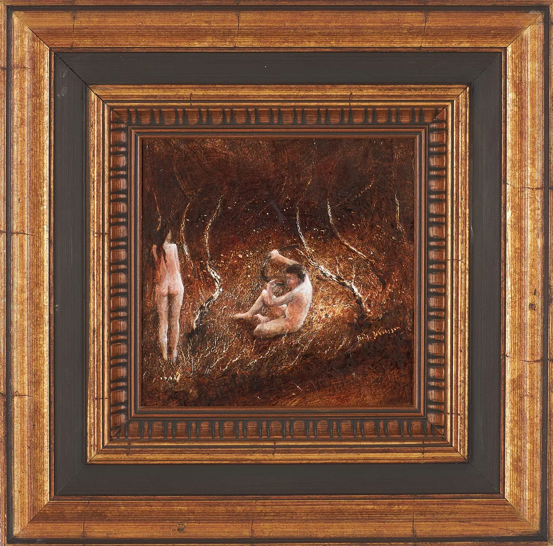 FRITZ JAKOBSSON. Figurer i skogslandskap, olja på pannå, signerad, daterad 1996, Finland. — Paintings — Stockholms Auktionsverk Sickla