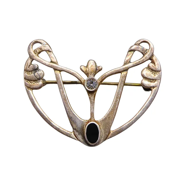 BROSCHE IM JUGENDSTIL MIT ONYX UND KLAREM STEIN, 925ER SILBER.