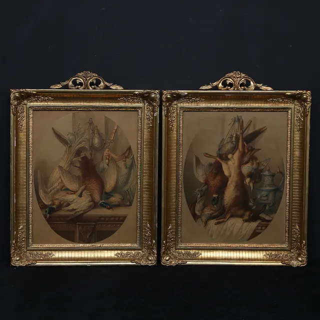 TRYCK, 2 st, jaktstilleben, omkring 1900.