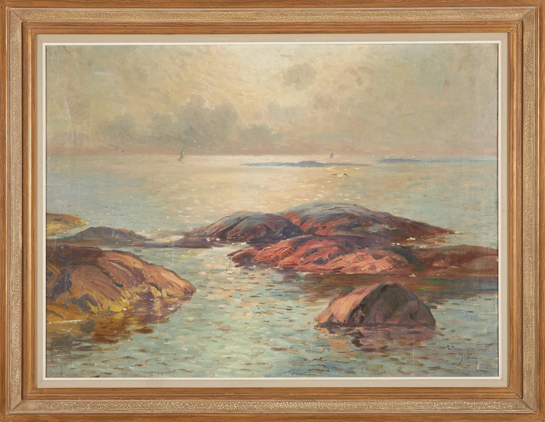 CARL BRANDT. Kustmotiv klippor, olja på duk, signerad C Brandt 1915. — Paintings — Stockholms Auktionsverk Sickla