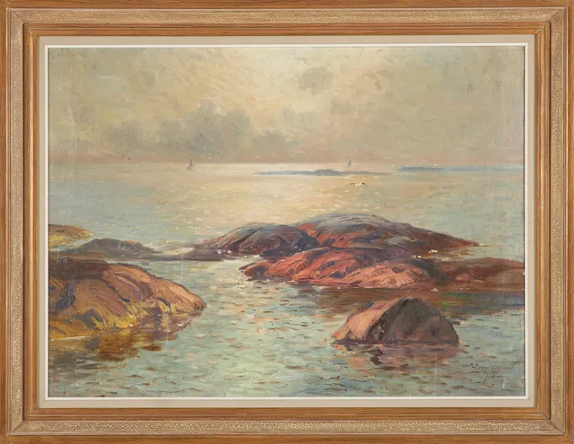 CARL BRANDT. Kustmotiv klippor, olja på duk, signerad C Brandt 1915.