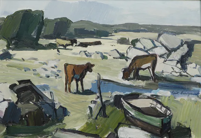 ERIK LANGEMARK. Olja på duk, "Kalvar och båt vid stranden i Trummenäs, Ramdala i Blekinge", signerad.