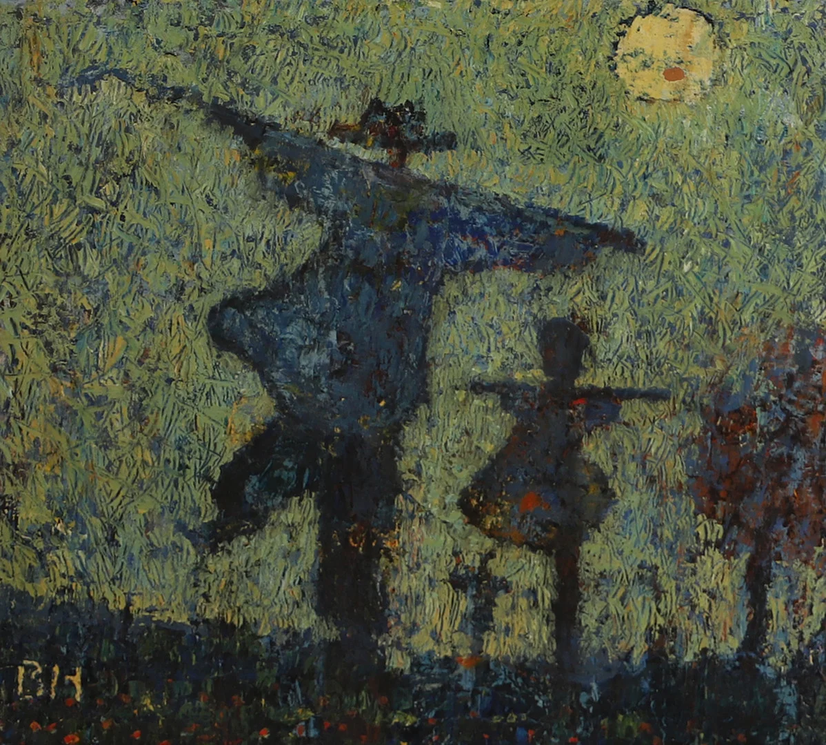 BIRGER HALLING. "Fågelskrämmor, olja på pannå, signerad B.H. — Paintings — Helsingborgs Auktionskammare