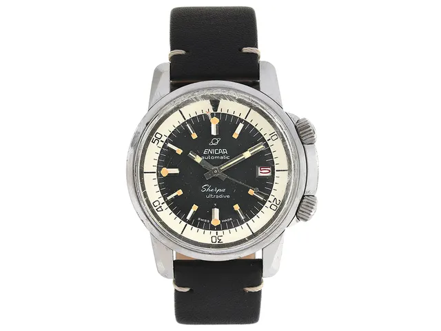ENICAR, Sherpa Ultradive, "Compressor Case", Cal 1145, Serie nr. 724517, Boett nr. 144/35/03, herrur, 43 mm, stål, automatisk, plexiglas, datum, vridbar innerring, läderband, ca 1965.