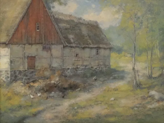 JEAN ROSENGREN. GÅRDSMOTIV, OLJA PÅ PANNÅ.