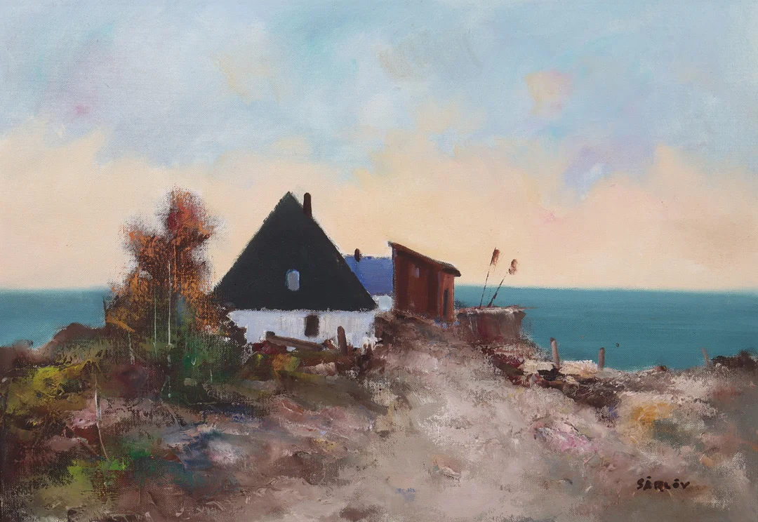 MALTE SÄRLÖV. olja på duk, fiskeläge. — Paintings — Markus Auktioner