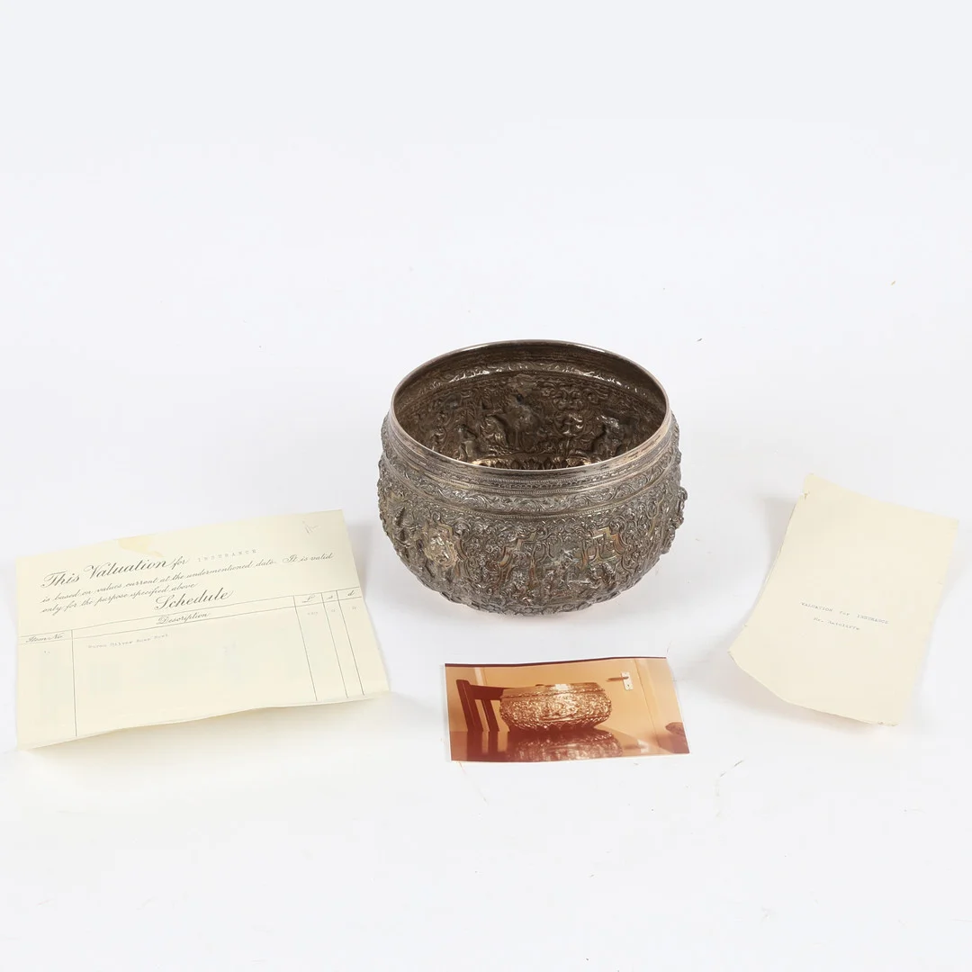A BURMESE WHITE METAL ROSE BOWL. — Silver — Bishop & Miller