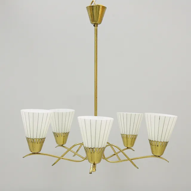 TAKLAMPA, mässing, glas, 1950-tal.