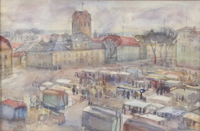 INGEGERD BESKOW. Växjö torg, akvarell, signerad.
