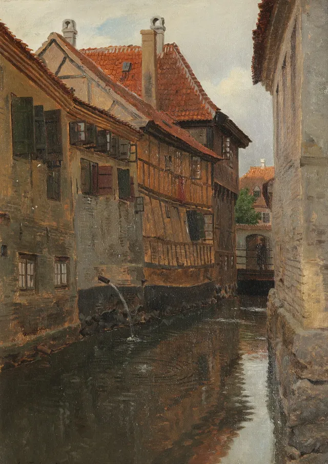 AUGUST FISCHER (F. KØBENHAVN 1854, D. SST. 1921). Byparti antageligvis fra Bleichenfleeth, Hamborg”, sign. Aug. Fischer på bagsiden. Olie på lærred.