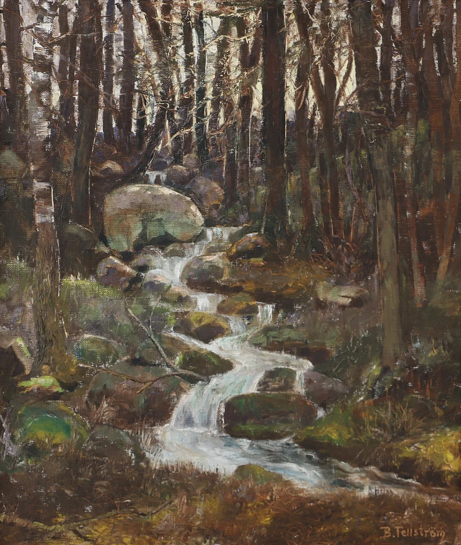 BROR TELLSTRÖM. Skogsbäck, olja på pannå, signerad B. Tellström. — Paintings — Helsingborgs Auktionskammare