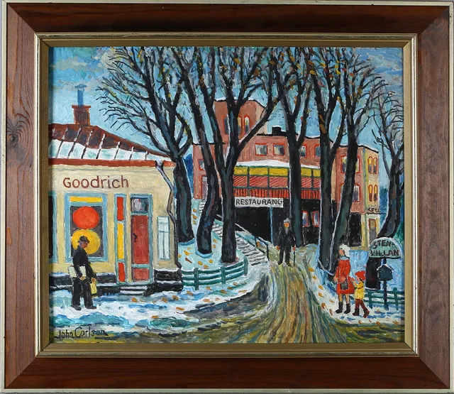 JOHN CARLSON. Olja på pannå, Stenvillan, Sundbyberg, signerad.