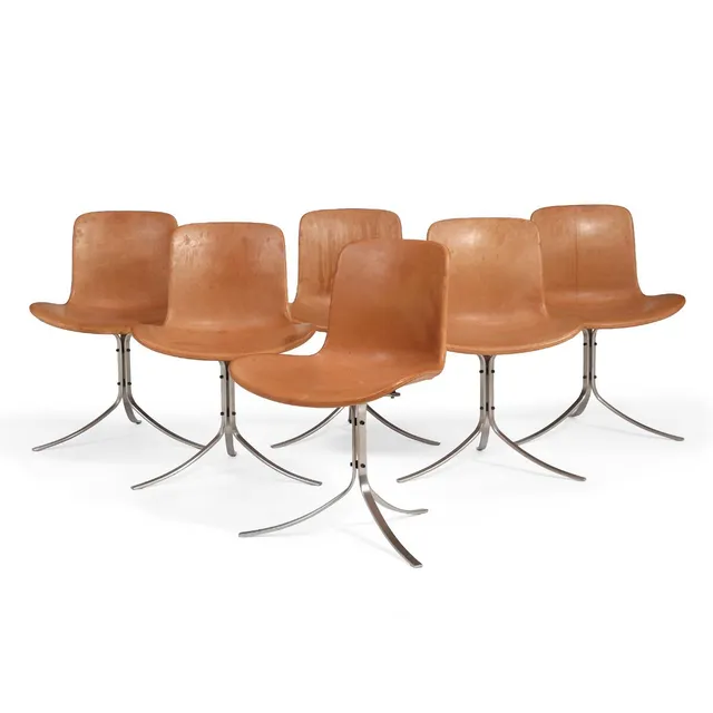 “PK 9”. Set of six chairs with steel frame. Seat and back upholstered with natural leather. Designed 1960. Manufactured and marked by Fritz Hansen. (6)