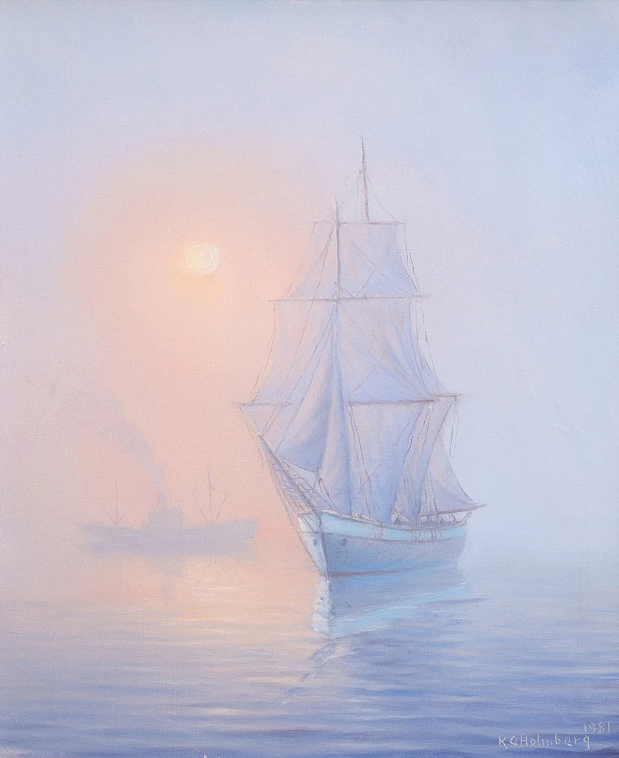 KG HOLMBERG. "FULLRIGGARE I AFTONSOL". — Paintings — Crafoord Auktioner Lund
