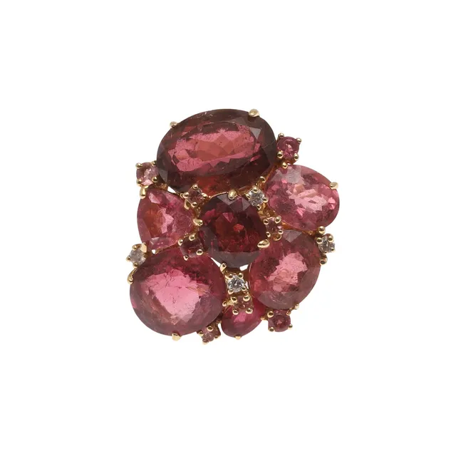 A PINK TOURMALINE AND DIAMOND CLUSTER RING BY TAYMA.