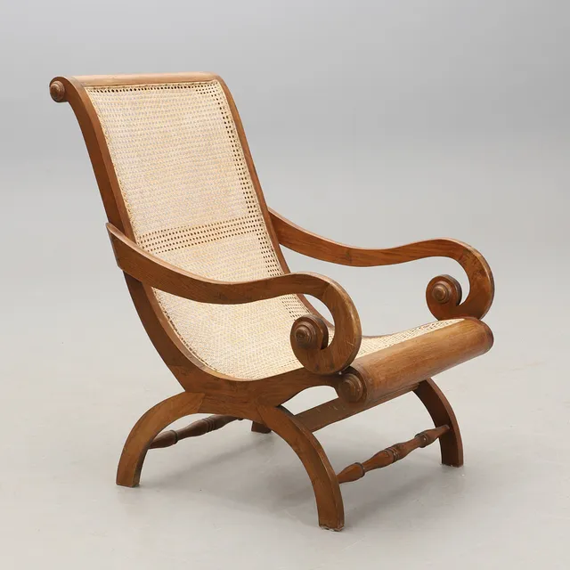FÅTÖLJ, "planters chair" kolonialstil, mahogny och rotting, 2000-tal.