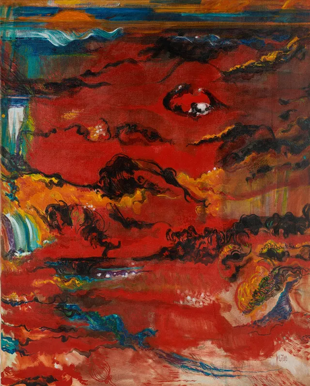 WILGOT LIND (1915-1996), "Gauguin söker evigheten" - meditationspentatyk, signerad, olja på duk.