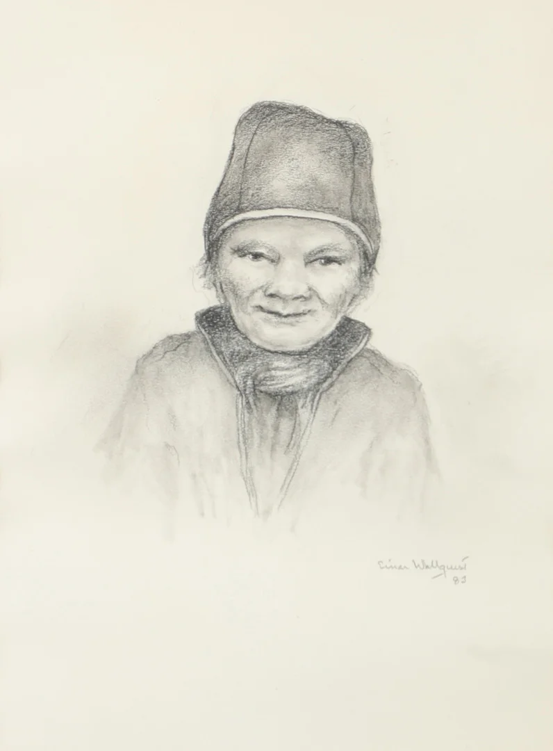 EINAR WALLQUIST. Samekvinna, teckning, signerad -83. — Drawings — Helsingborgs Auktionskammare