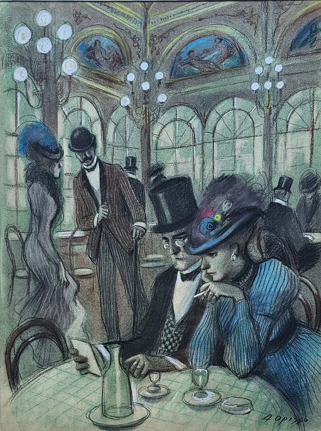 ALFREDO OPISSO. Pastel sobre papel. "Café de París".