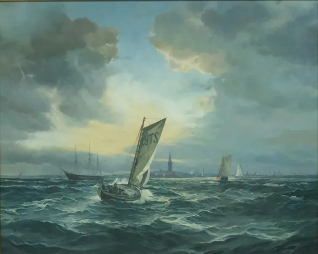 MAGNUS KROOK. OLJA PÅ DUK. MARINMÅLNING EFTER VILHELM BILLE.