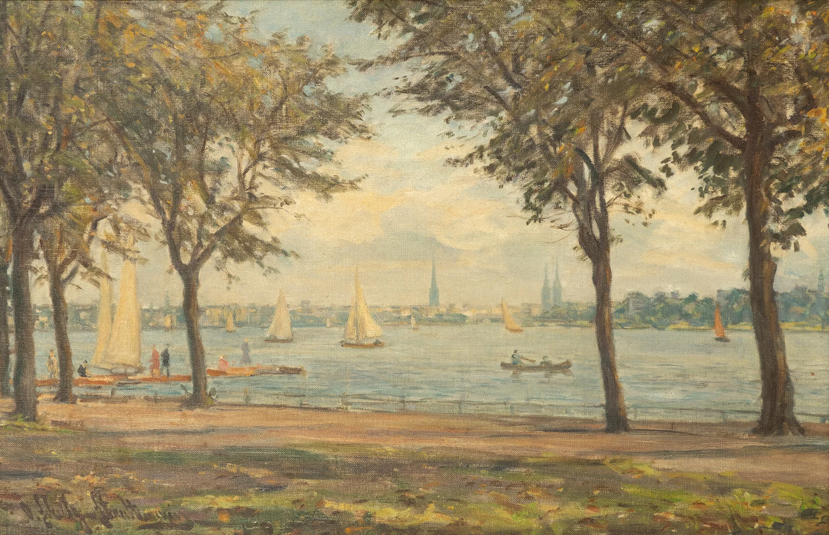 OTTO SCHULZ-STRADTMANN (1892-1960). Blick auf die Außenalster vom Garten des Uhlenhorster Fährhauses. — Paintings — Stockholms Auktionsverk Hamburg