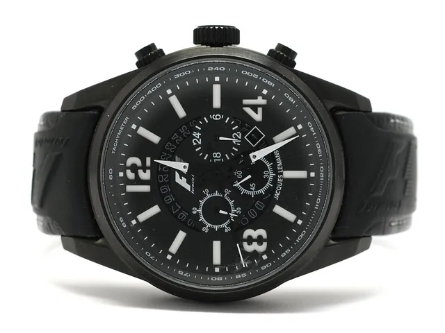 JACQUES LEMANS, Formula 1, "Tachymeter", "Limited Edition", nr. 267/500, kronograf, herrur, 48,5 mm, Ref nr. F5043, svarteloxerat stål, quartz, mineralglas, datum, 24-timmarsvisning, läderband, originalspänne, cert (ej ifyllt), ca 2005, box, ytterkartong.
