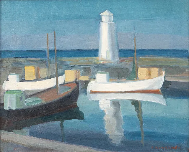 ERIK ALMGREN. Simrishamns hamn, olja på duk, signerad.