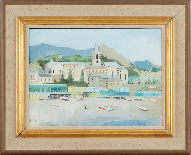 HUGO SIMSON. Kustby, olja på pannå, monogramsignerad, daterad 1949.