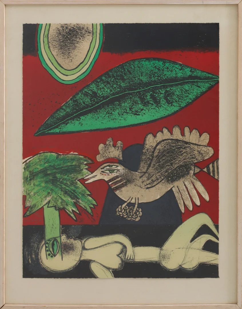 BEVERLOO CORNEILLE. Komposition med kvinna och fågel, färglitografi, numrerad 48/100, signerad samt daterad -75. — Engravings & Prints — Göteborgs Auktionsverk