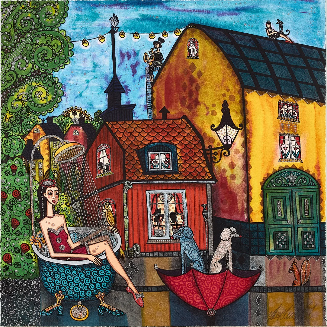 WIIK. "Lilla huset på söder. Litet bo jag sätta vill här kan jag trivas och odla vad jag vill" ur mappen "Stockholmsdrömmar", färglitografi med glitterapplikationer. — Engravings & Prints — Stockholms Auktionsverk Magasin 5