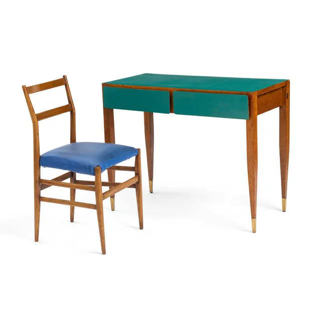 Gio Ponti, skrivbord med stol, Giordano Chiesa eller Cassina, för Hotel Parco dei Principi, Rom, ca 1964.