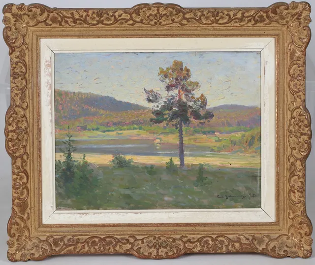 CARL JOHANSSON. Landskap med hus, olja på pannå, signerad.
