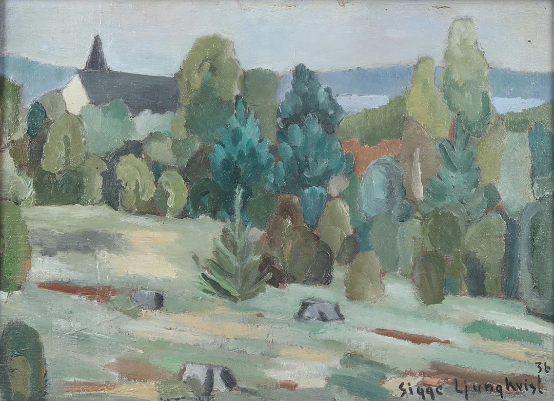 SIGGE LJUNGKVIST. Olja på duk, landskap med kyrka, signerad och daterad 36. — Paintings — Ekenbergs Auktioner