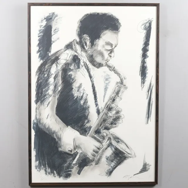 Oidentifierad konstnär " Saxophonist " litografi, signerad, numrerad.