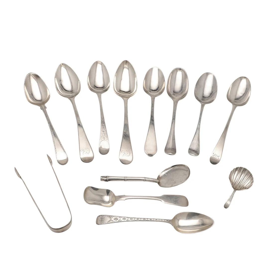 EIGHT VARIOUS SILVER TABLESPOONS. — Silver — Lawrences Auctioneers