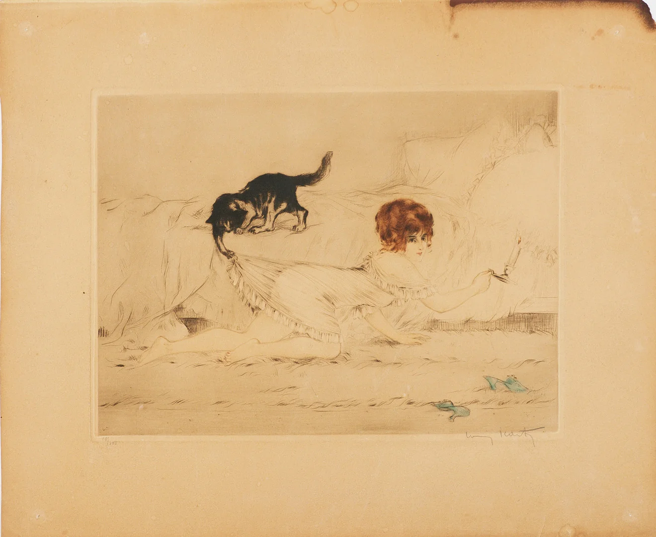 LOUIS ICART (1888-1950). kvinna och katt, etsning, delvis kolorerad, signerad Louis Icart, numrerad 10/100. — Engravings & Prints — Stockholms Auktionsverk Magasin 5
