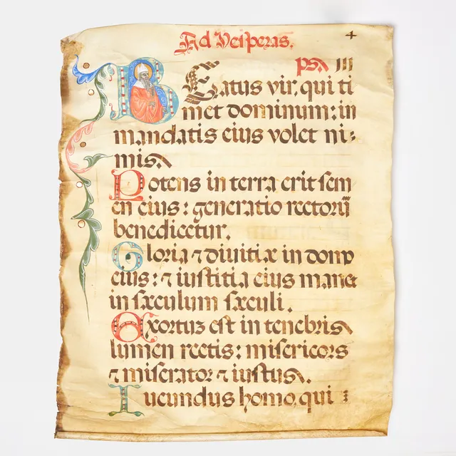 TEXT UR KATOLSKA MÄSSAN, på vellum, handmålad text och illumination, 14/1500-tal.