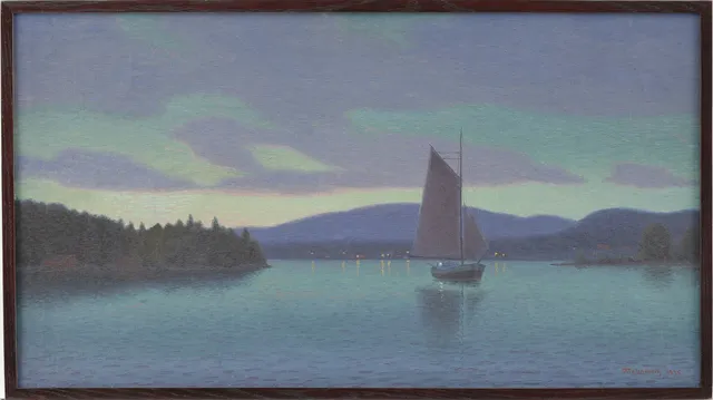 OTTO LINDBERG (SVERIGE 1880-1955). Segelbåt i skymningen.