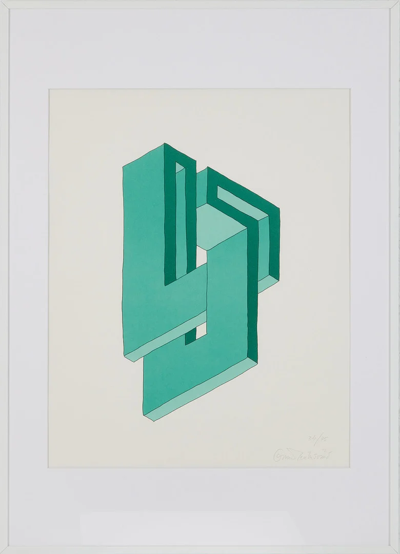 OSCAR REUTERSVÄRD. "Omöjlig figur" Färglitografi, signerad och numrerad 34/75. — Engravings & Prints — Stockholms Auktionsverk Magasin 5