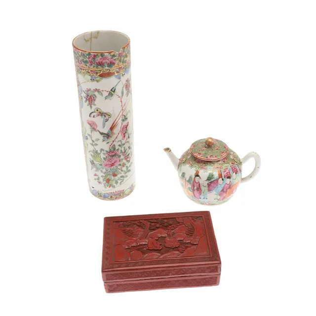 CHINESE CINNEBAR LACQUER BOX & CANTONESE PORCELAIN.
