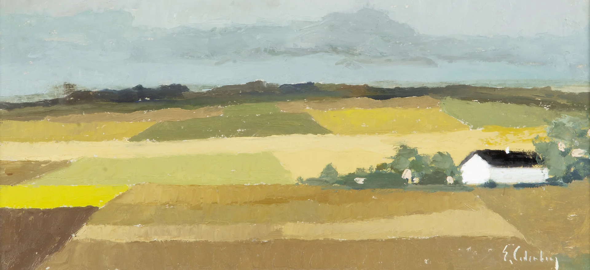 ERIC CEDERBERG. Landskap med hus, olja på pannå, signerad E. Cederberg. — Paintings — Helsingborgs Auktionskammare