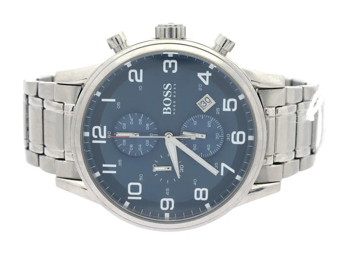 Hugo Boss armbandsur modell:HB 244.1.14.2785 snr:5.677.3669, Ø44mm, quartz, chronograf 5ATM med stållänk och viklås med extra länkar i originalbox. — Klockor/Boss — Kaplans