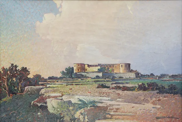 STIG JONZON. OLJA, på duk, Borgholms Slott, sett från Alvaret.
