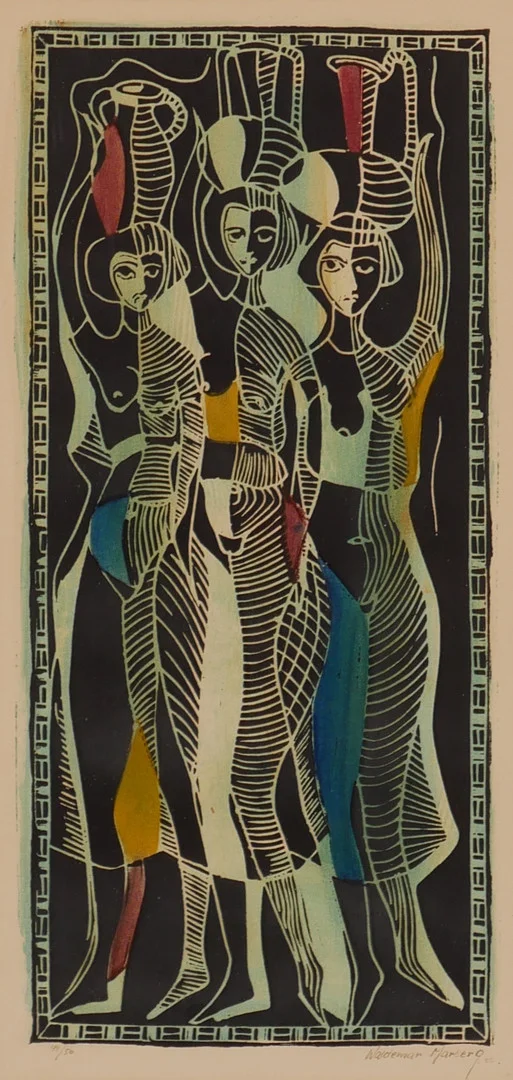 WALDEMAR MARBERG. Troligen handkolerat träsnitt, signerad Waldemar Marberg 52. — Engravings & Prints — Auktionsfirma Kenneth Svensson i Kalmar