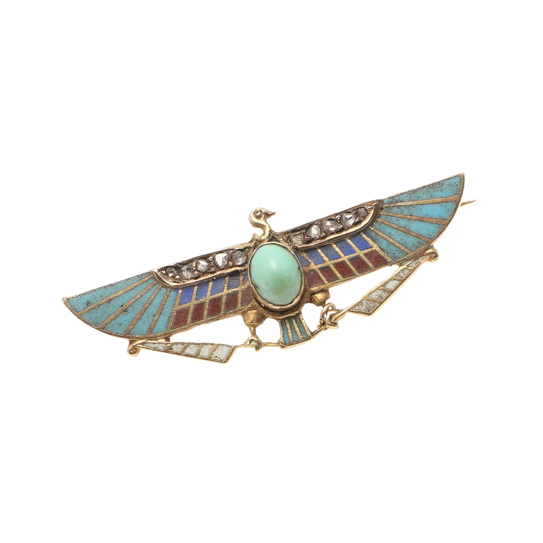 A VICTORIAN EGYPTIAN REVIVAL ENAMEL AND GEM SET BROOCH. — Brooches & Pendants — Lawrences Auctioneers