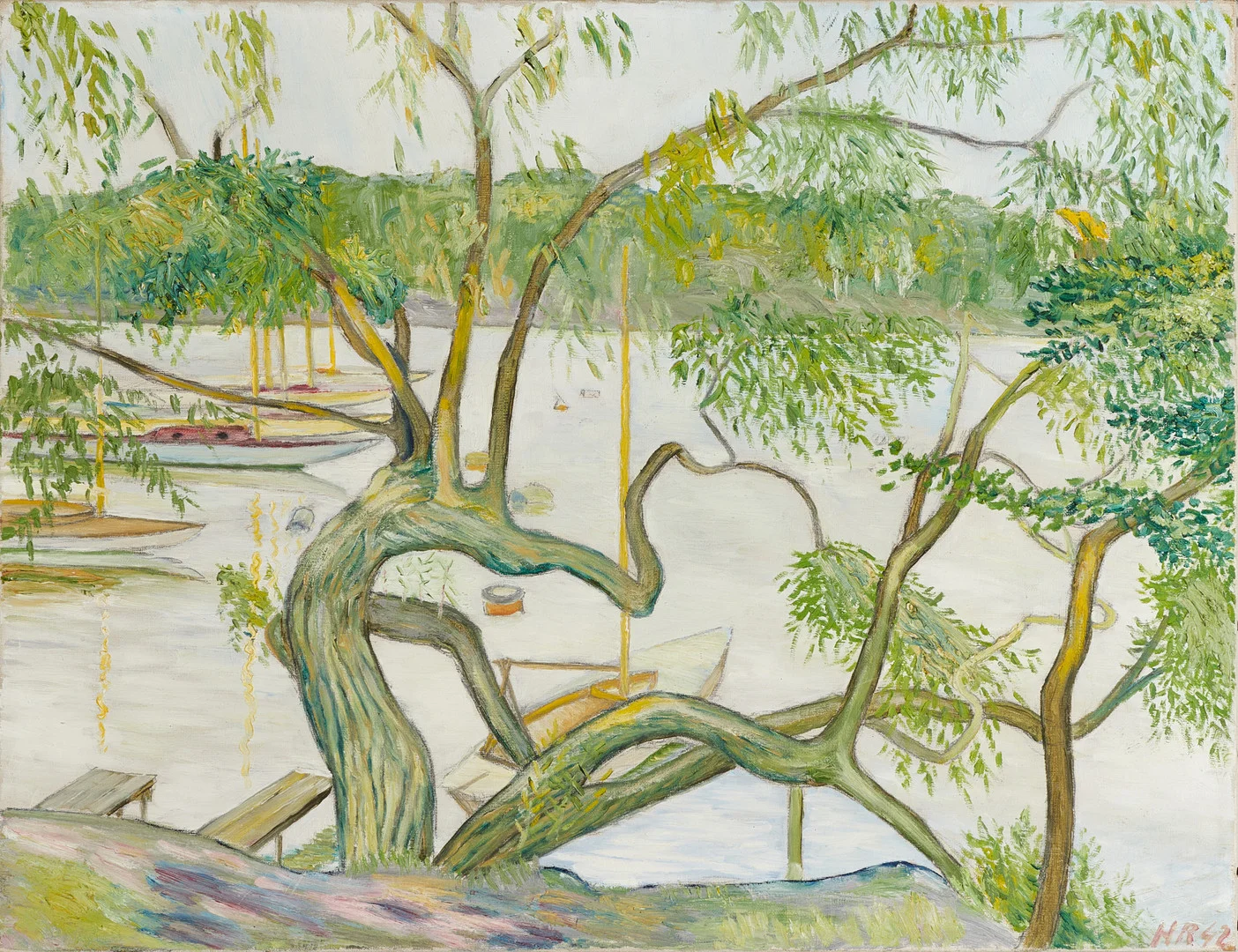OIDENTIFERAD KONSTNÄR. Hängpilar vid strandkant, signerad och daterad HR 42, olja på duk. — Paintings — Crafoord Auktioner Stockholm