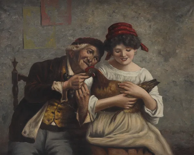 OLJA PÅ DUK, efter Y.R Foggattis målning "Old hearts Young hearts", signerad M Bürger.