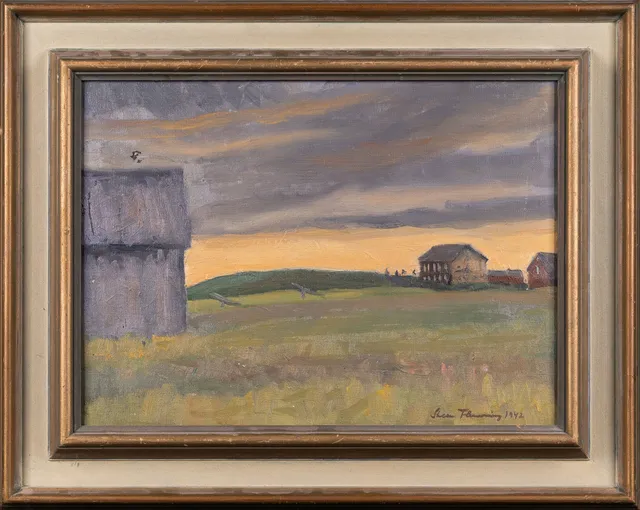 STEN FLEMMING. Olja på duk, Landskap med hus.